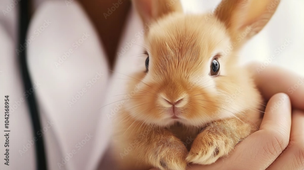 A close-up of an adorable baby rabbit being gently held by a veterinarian. The image highlights the rabbit’s soft fur and big eyes, symbolizing care and compassion in animal healthcare A close-up of an adorable baby rabbit being gently held by a veterinarian. The image highlights the rabbit’s soft fur and big eyes, symbolizing care and compassion in animal healthcare