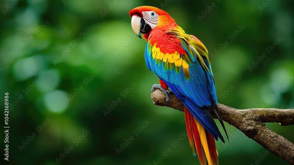Obraz premium A vibrant parrot perched on a tropical branch, showcasing its colorful feathers against a lush green background.