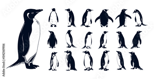 North arctic penguins black ink sketch vector set. adelie emperor gentoo waterfowl breeds ocean marine bird sea hunters swimmers, isolated illustrations on white background