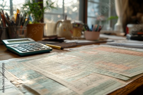 Tax audit Finacial concept. a lot of checks and a calculator on the table  photo