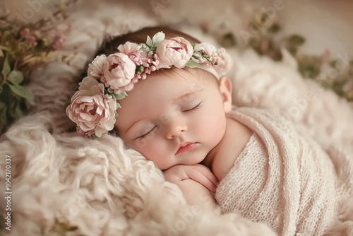 In this sweet and memorable newborn photo session, a tiny Caucasian girl smiles softly as she sleeps, wearing a beautiful pink headband adorned with delicate flowers, wrapped in a