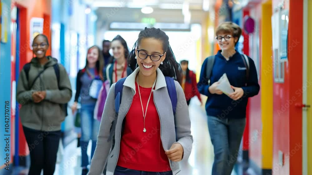 A group of happy students walking together in a school hallway, enjoying their time and making great memories with friends. A group of happy students walking together in a school hallway, enjoying their time and making great memories with friends.