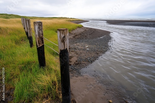 Viking village ruins on a windswept shoreline, with remnants of old wooden structures photo