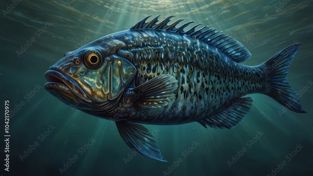 A realistic digital illustration of a large bass fish swimming in deep blue water with sunbeams shining down. A realistic digital illustration of a large bass fish swimming in deep blue water with sunbeams shining down.