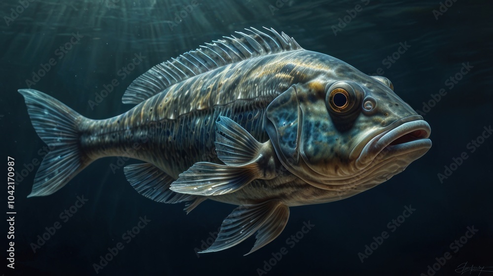 A detailed illustration of a large, dark-colored fish swimming in the water.