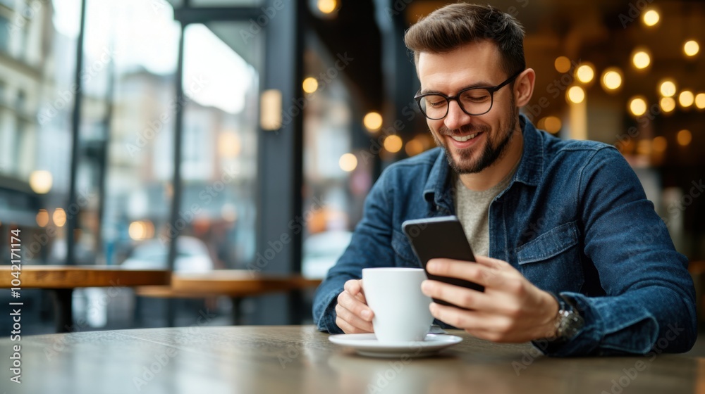 Happy Service Worker Using Digital Device in Cafe Happy Service Worker Using Digital Device in Cafe