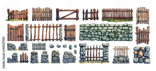 Old rock fences cartoon vector set. Palisades boulders wood timber stones medieval gates walls, rural decorative countryside garden elements fortifications, isolated illustrations on white