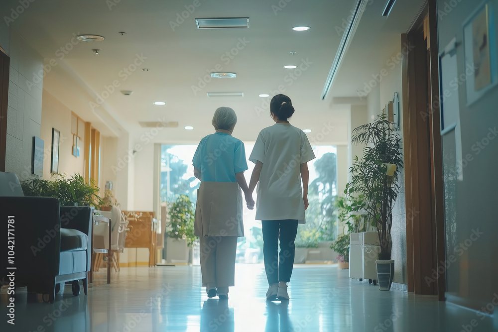 Fototapeta premium Caregiver assists elderly woman in a bright hospital corridor during a peaceful afternoon. Generative AI