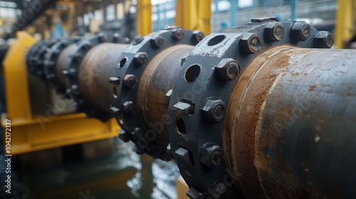  large metal pipe joints being tightened, with visible bolts and metal threads