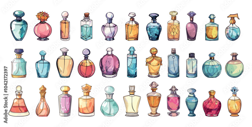 Perfume aroma bottles cartoon vector set. Vials glass sprayers man woman odor fragrance flavor, elegant design eau de toilette spray body containers, cosmetic fashion flasks isolated bouquets