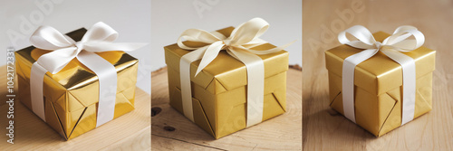 Golden gift box with white ribbon. Collection of classic luxury gift boxes with elegant ribbons. Set of gift preset boxes with ribbon of various styles. Perfect for any celebration occasion project.