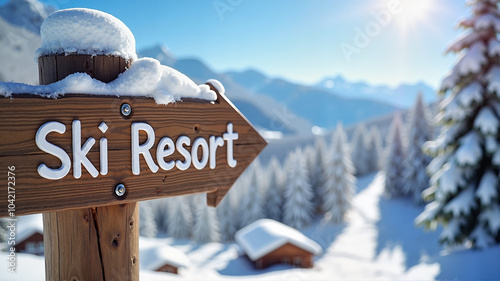 Wooden ski resort sign covered in snow with a sunny winter landscape background
