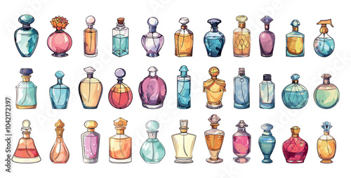 Perfume aroma bottles cartoon vector set. Vials glass sprayers man woman odor fragrance flavor, elegant design eau de toilette spray body containers, cosmetic fashion flasks isolated bouquets