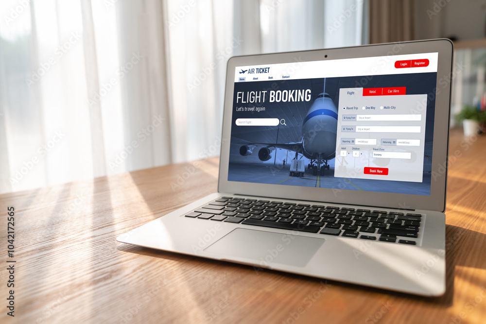 Online flight booking website provide modish reservation system . Travel technology concept . Online flight booking website provide modish reservation system . Travel technology concept .