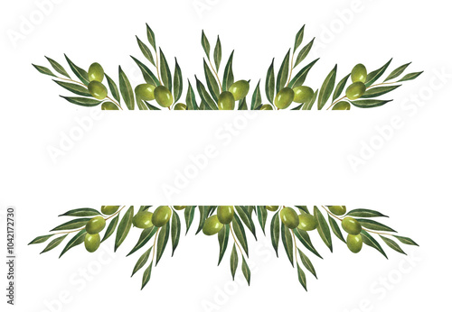 Olive branches logo template Watercolor green floral frame for olive oil wrapping paper design Border postcard poster greeting card invitation decoration Botanical banner Italian plant Natural