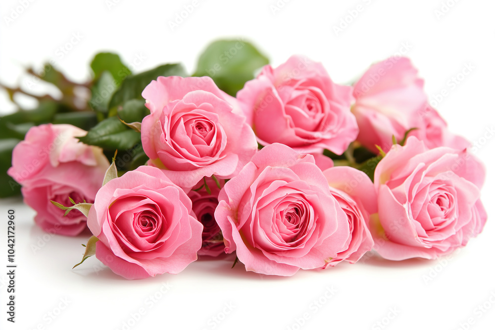 A bouquet of vibrant pink roses arranged elegantly with lush green leaves on a white background during mid-afternoon light. Generative AI A bouquet of vibrant pink roses arranged elegantly with lush green leaves on a white background during mid-afternoon light. Generative AI