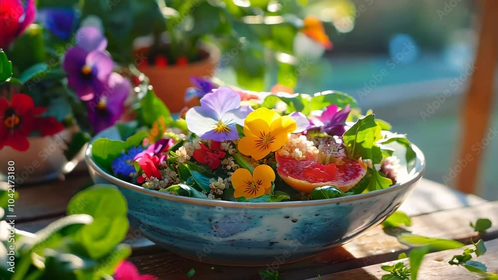 This colorful salad features edible flowers and fresh greens in a beautiful bowl, ideal for a healthy meal or as vibrant decoration.