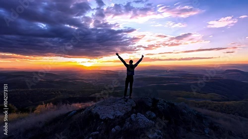 Wallpaper Mural Man celebrating sunrise on mountain summit: embracing nature and achievement Torontodigital.ca