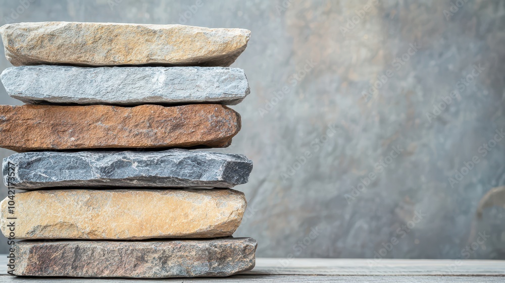 Stack of various stones arranged neatly on a textured surface. Stack of various stones arranged neatly on a textured surface.