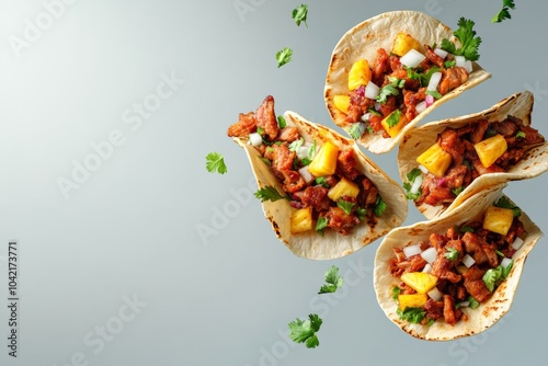 Ingredients for tacos al pastor--marinated pork, pineapple, onions, cilantro, and tortillas--flying in the air and forming tacos, minimal background with copy space