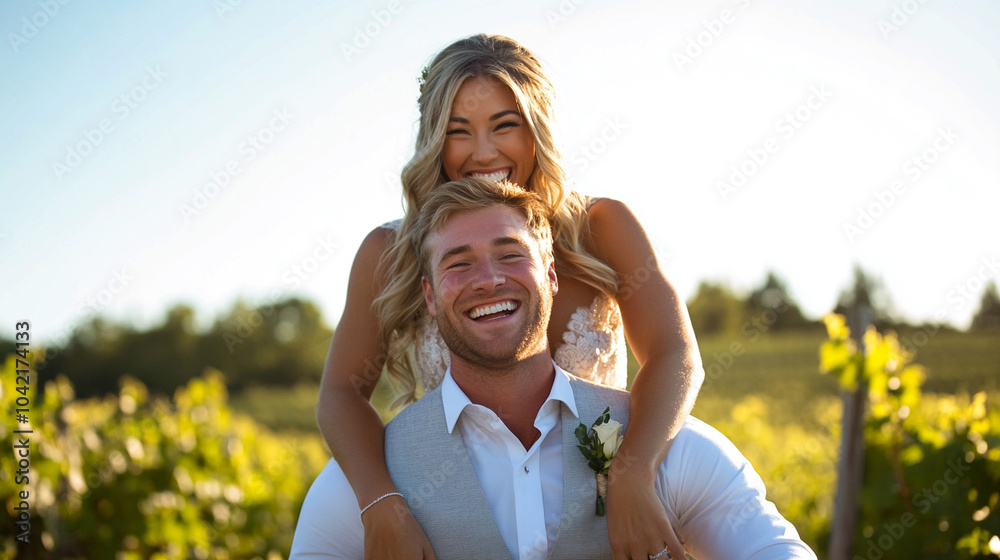 Naklejka premium Groom and bride take fun outdoor.