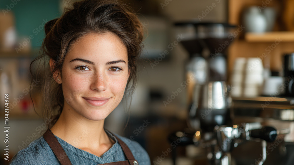 A person in a cozy coffee shop, wearing an apron, stands smiling near a professional espresso machine, creating a warm and inviting atmosphere. A person in a cozy coffee shop, wearing an apron, stands smiling near a professional espresso machine, creating a warm and inviting atmosphere.