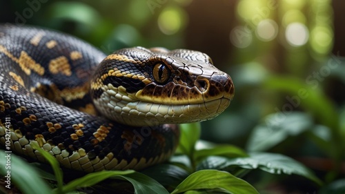 A close-up of a black and yellow snake with a light brown eye, coiled up in the green undergrowth of a forest.