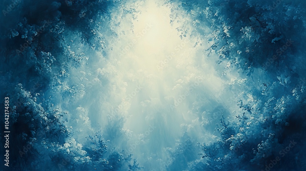 Dreamy Blue Forest Landscape with Light Rays Dreamy Blue Forest Landscape with Light Rays