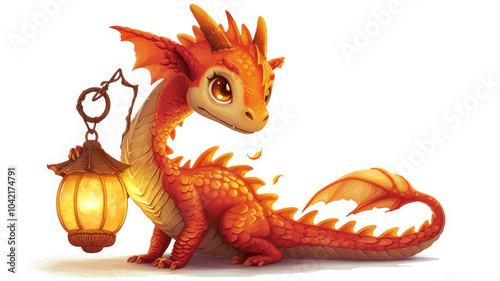 A cute, cartoon-style dragon with orange scales and large eyes, holding a lantern, radiating warmth and charm isolated on white background.