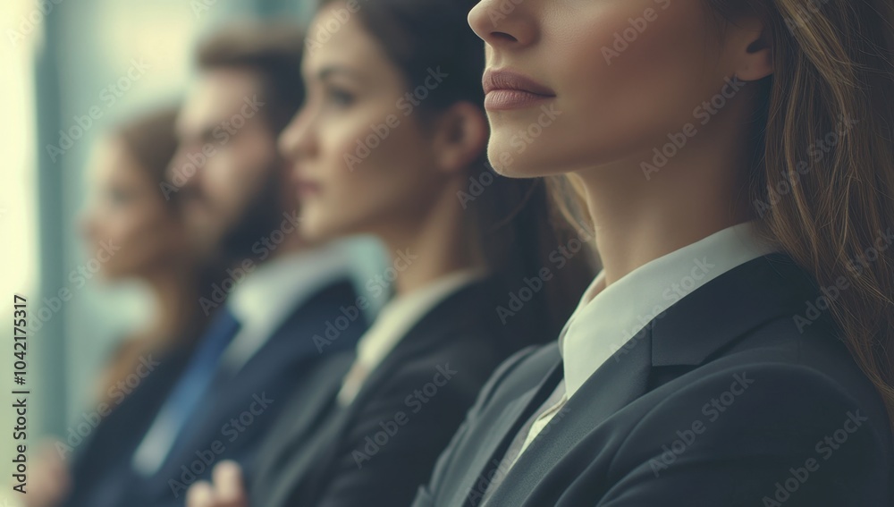 A group of business people are standing in line, waiting to be shoulder-to-shoulder with their arms crossed and looking forward Generative AI A group of business people are standing in line, waiting to be shoulder-to-shoulder with their arms crossed and looking forward Generative AI
