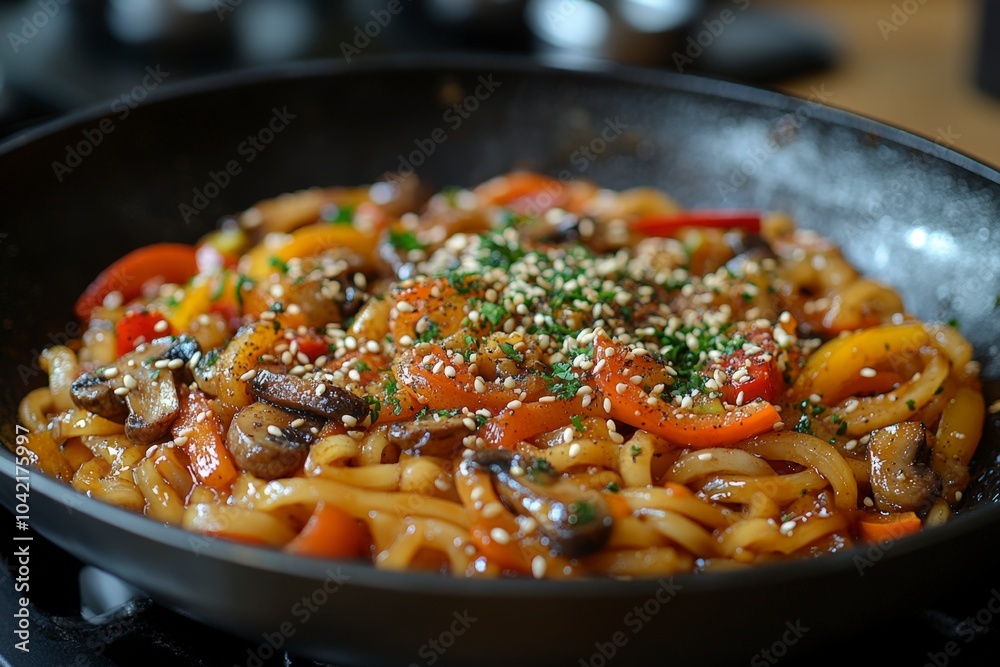 Traditional Japanese Udon Noodles with Fresh Vegetables, mushrooms and onion Traditional Japanese Udon Noodles with Fresh Vegetables, mushrooms and onion