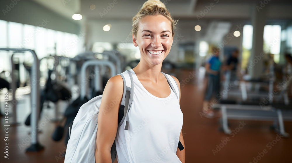 Fototapeta premium Smiling Woman with Backpack in a Modern Gym
