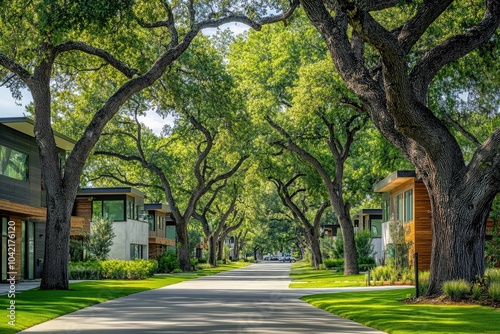 A serene, car-free avenue in a green neighborhood, with wide pathways, green spaces, and modern, energy-efficient homes surrounded by large trees.