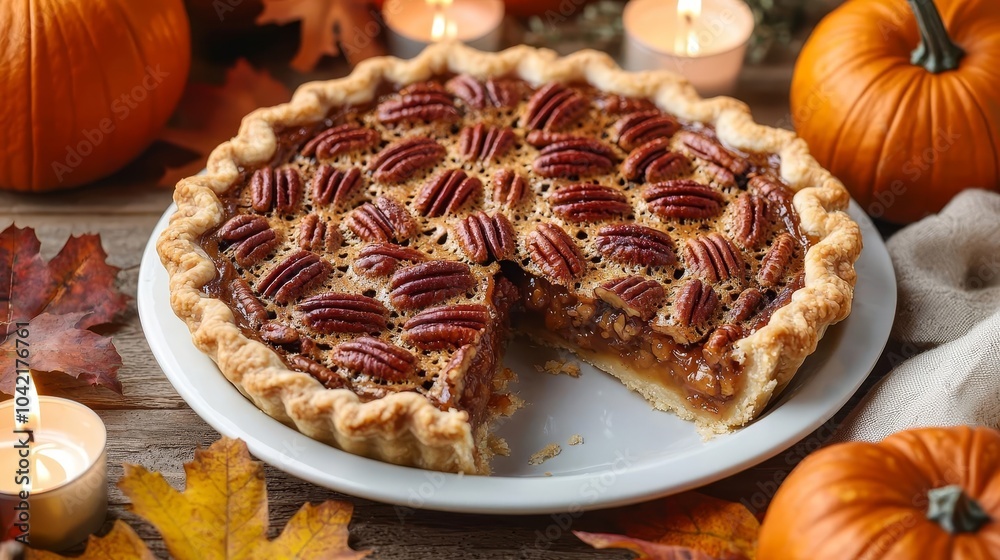Rustic Thanksgiving table with a pecan pie, a slice removed, autumn leaves, pumpkins, and candles, pecan pie slice, Thanksgiving celebration concept Rustic Thanksgiving table with a pecan pie, a slice removed, autumn leaves, pumpkins, and candles, pecan pie slice, Thanksgiving celebration concept