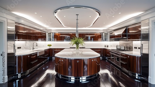 Wallpaper of a modern kitchen with large windows and minimalist design