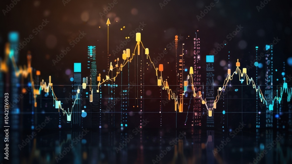 Abstract digital graphic with colorful data visualization of a stock market chart with rising and falling lines, dots, and a blurred bokeh background. Abstract digital graphic with colorful data visualization of a stock market chart with rising and falling lines, dots, and a blurred bokeh background.