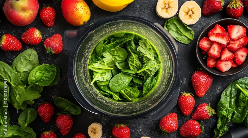 Fresh strawberry banana smoothie preparation with spinach Fresh strawberry banana smoothie preparation with spinach