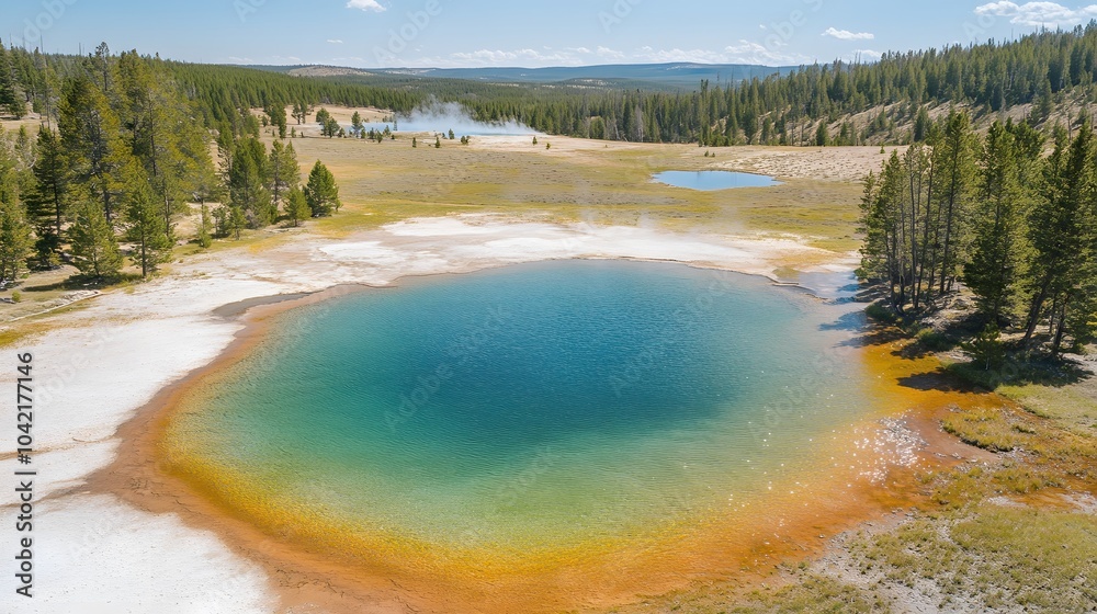 Photo of a serene pool in Yellowstone National Park, with green and blue colors, surrounded by white sand, and a forest in the background. Photo of a serene pool in Yellowstone National Park, with green and blue colors, surrounded by white sand, and a forest in the background.