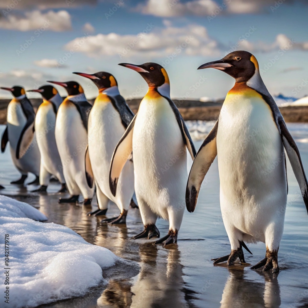 Fototapeta premium A close-up of penguins walking on the ice, their black and white feathers contrasting against the frozen sea