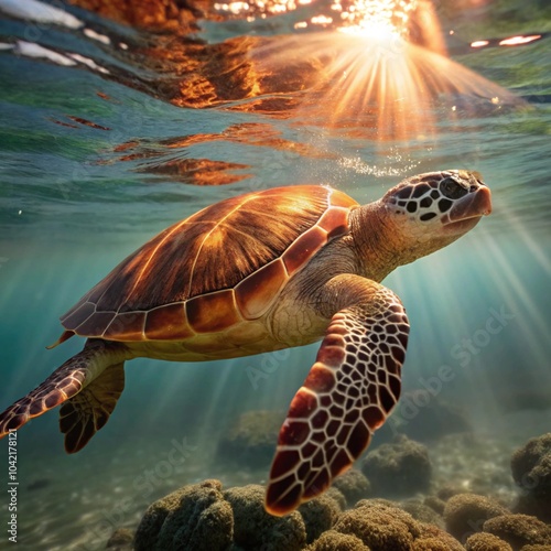 A beautiful marine scene featuring a sea turtle in motion, gracefully navigating the depths of the sea