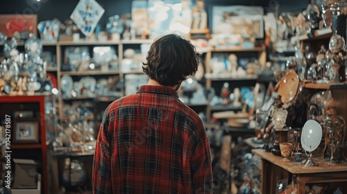 A man in a red and black plaid shirt stands in an antique shop, looking at the shelves filled with various objects.