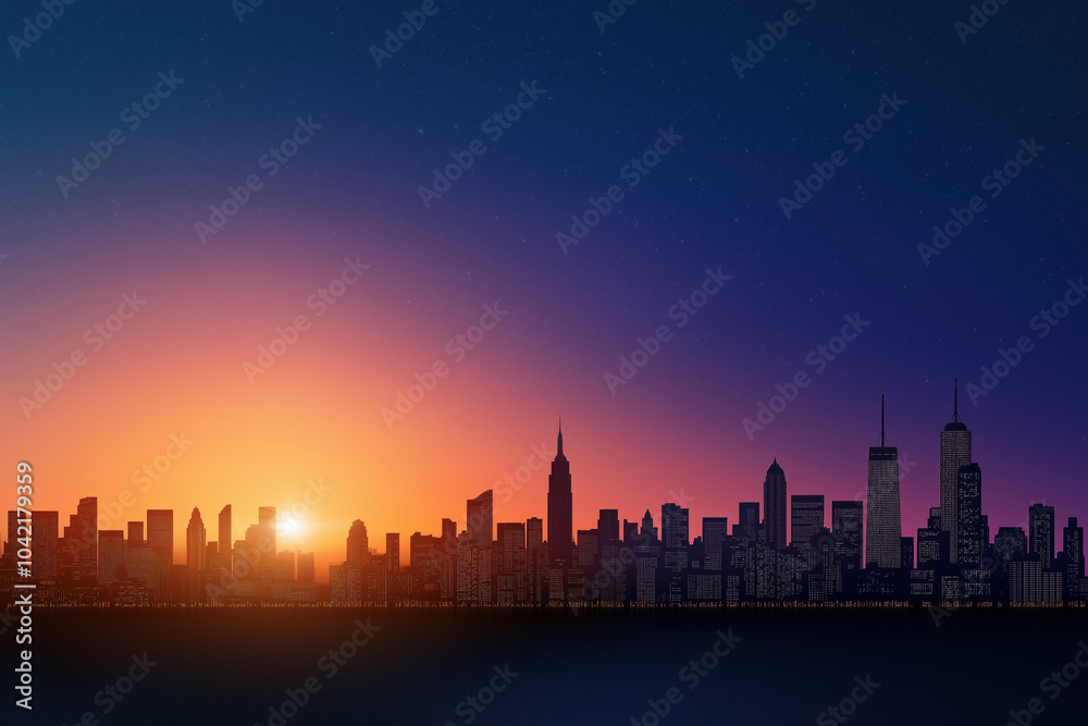 Fototapeta premium Vibrant sunset silhouettes Manhattan's iconic skyline