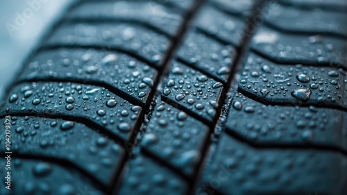 Close-up of a wet tire tread with droplets, emphasizing grip and water resistance.