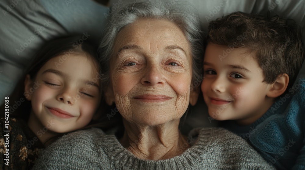 Three Generations Together: Heartwarming Family Portrait of Grandmother and Grandchildren. Generative ai Three Generations Together: Heartwarming Family Portrait of Grandmother and Grandchildren. Generative ai