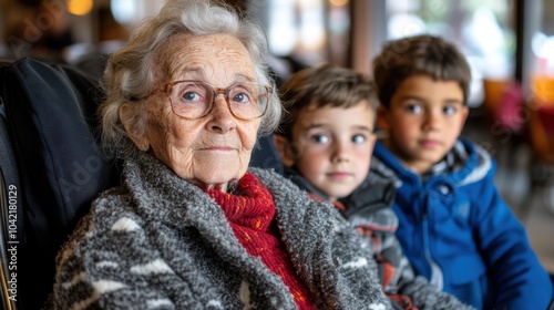 Family Bonding: Elderly Woman with Grandchildren in Cozy Cafe Setting. Generative ai