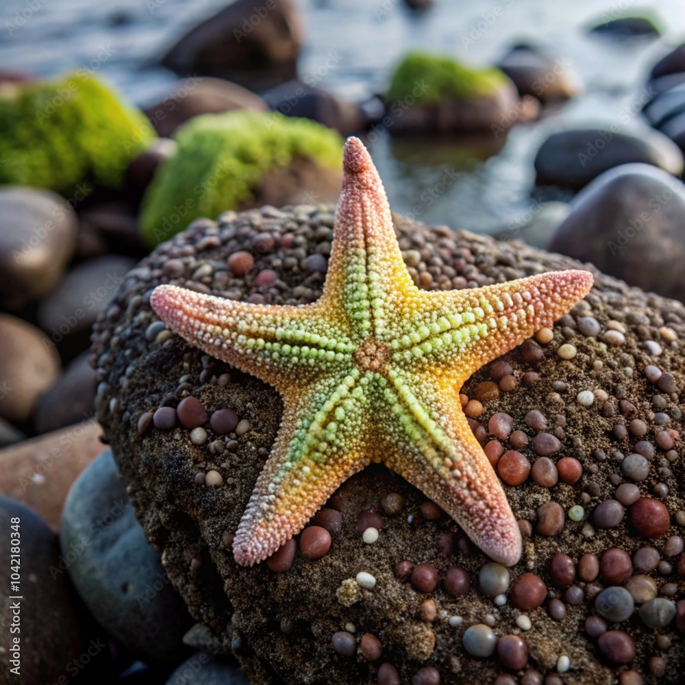 A vibrant starfish resting on a rocky ocean bed, its bright colors standing out against the dark rocks A vibrant starfish resting on a rocky ocean bed, its bright colors standing out against the dark rocks