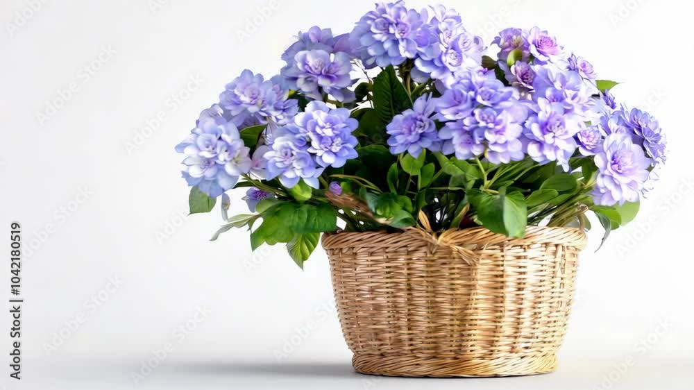 A woven basket filled with beautiful blue hydrangea flowers, set against a simple background. A woven basket filled with beautiful blue hydrangea flowers, set against a simple background.