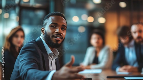 Confident businessman leads a meeting with a diverse team in a modern office.