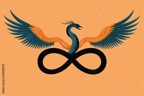 A stylized phoenix with wings spread, intertwined with a snake forming an infinity symbol.