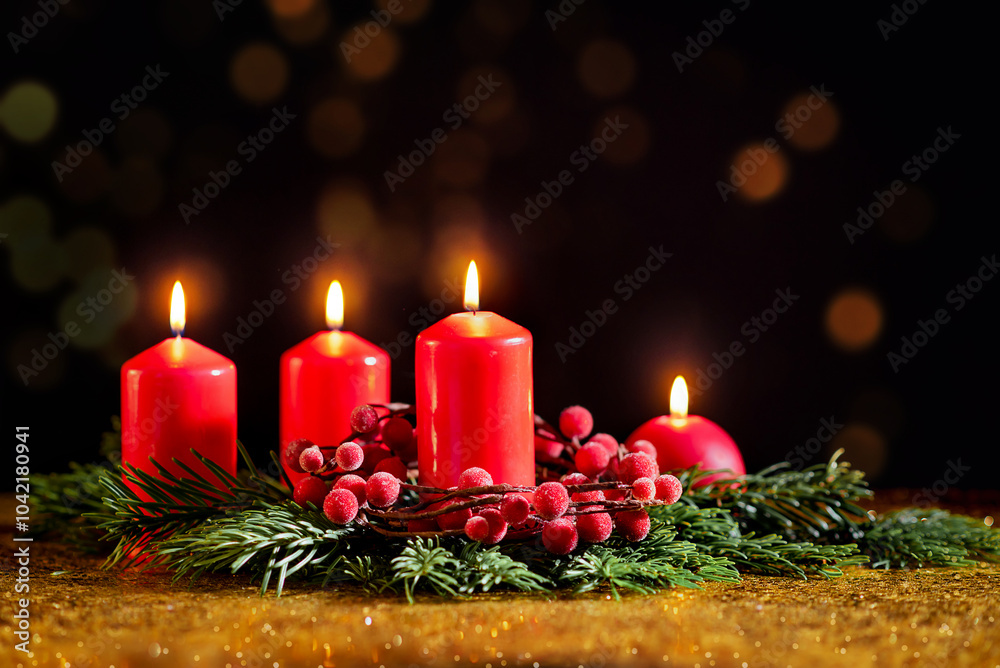 Four red Christmas candles on a dark background